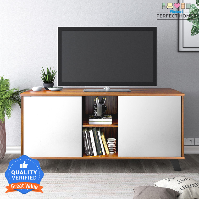 Flipkart Perfect Homes Shelby Engineered Wood TV Entertainment Unit(Finish Color - MELAMINE PLANK WALNUT & WHITE, Knock Down)