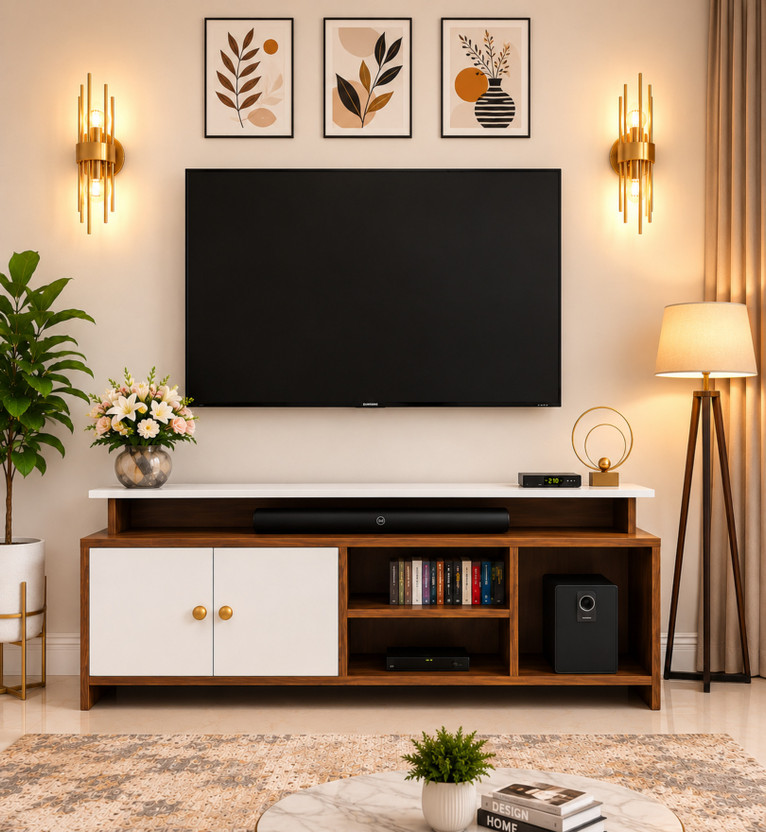 Flipkart Perfect Homes Modern Wooden TV Unit for Living Room Entertainment Center with Storage Cabinet Engineered Wood TV Entertainment Unit(Finish Color - Noce Lyon & White, DIY(Do-It-Yourself))