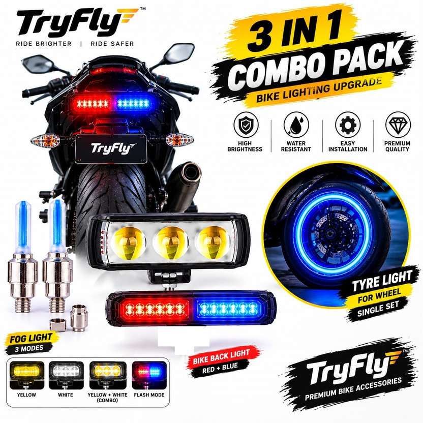 TRYFLY TRYFLY Bike Lighting Combo 3Mode Fog Light Tail Flash Light and Blue Tyre Light Fog Lamp Bus, Car, Motorbike, Truck, Van LED (12 V, 30 W)(Universal For Car, Pack of 3) - Flipkart Deal