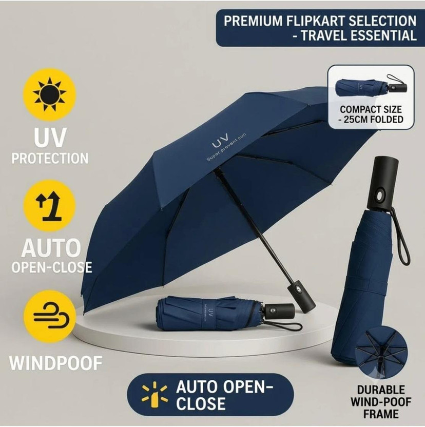 Matkine Matkine Automatic UV Protection Umbrella for Sun & Rain 3 Fold Umbrella(Blue) - Flipkart Deal