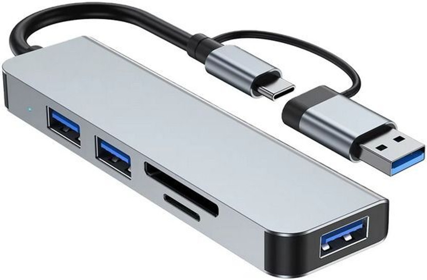 HRYFiNE 5 IN 1 Usb3.0 & Type-C To SD/TF+USB3.0 Hub 5 Gbps Data Transfer Speed for Laptop, PC, MacBook, Hard Drive,Pendrive Card Reader, USB Hub, Laptop Accessory(Grey)