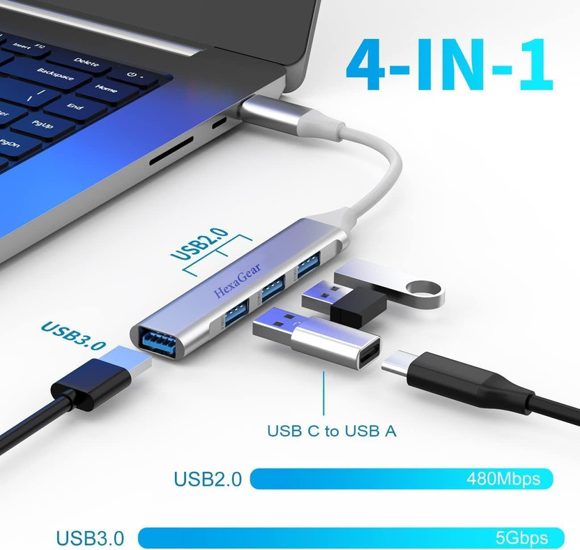 HexaGear Fast Data USB C Hub with 4 USB Ports Aluminium Body, Computer Laptop Mobile Fast Data USB C Hub 4 USB Ports, USB Hub(Silver)