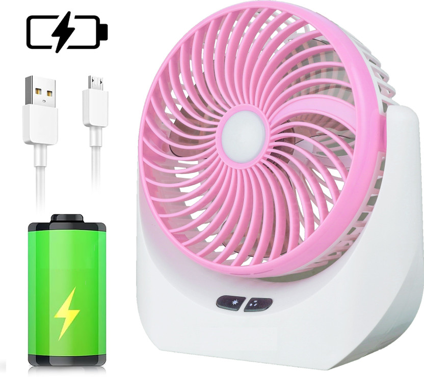 TAKSHA FANS High Speed Rechargeable portable Table Fan with LED Light Battery Powered 3-Speed Portable Mini USB Fan For Home, Office , Kitchen USB Fan(White, Pink)