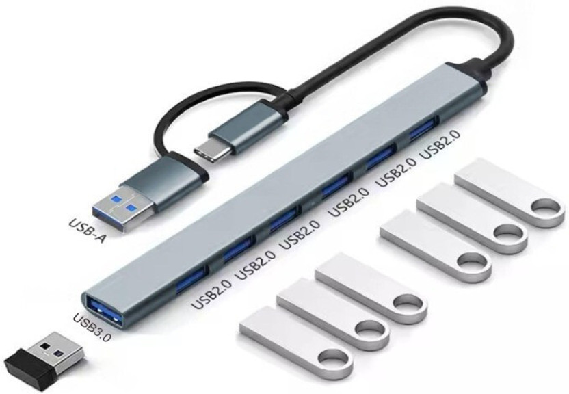 Aliens 1xUSB 3.0 & 6xUSB 2.0, 5Gbps Speed for Laptop, PC, MacBook, HDD, Pendrive 7 USB Multiport Adapter with Dual Convertible USB & Type C Heads 7-in-1 USB Hub, USB Hub(Grey)