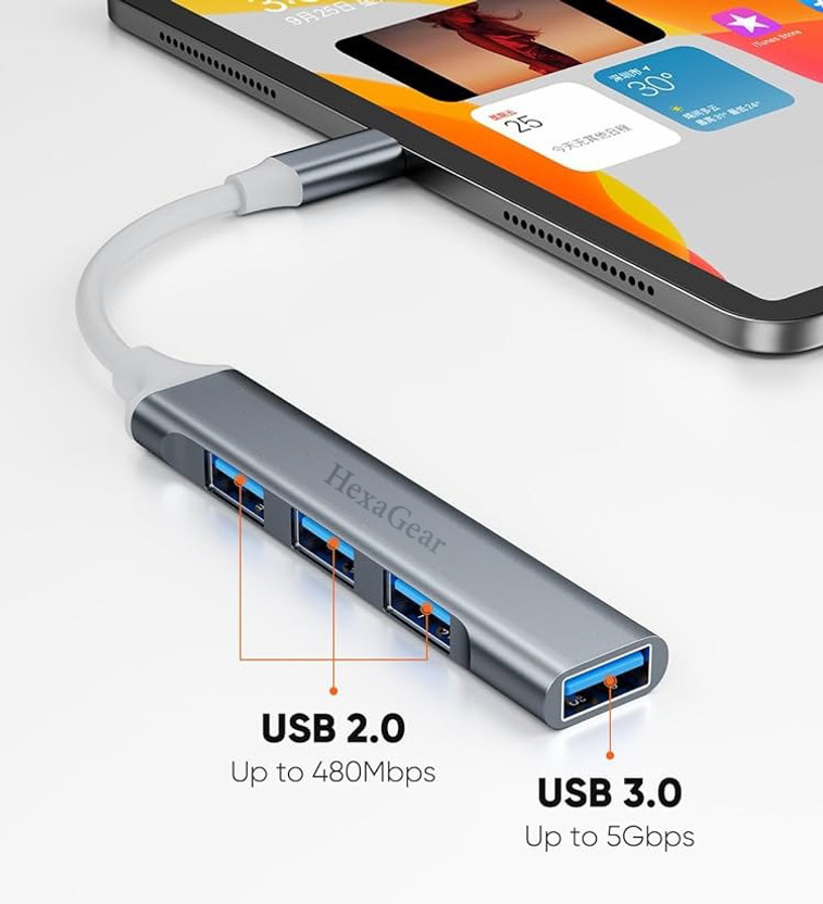 HexaGear Compact USB C Hub 4 Port High Speed Data Adapter, Computer Laptop Mobile Compact USB C Hub 4 Ports High Speed, USB Hub(Silver)