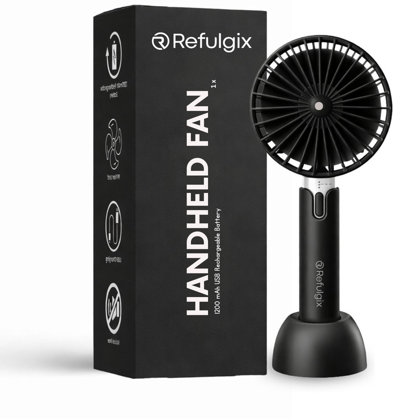Refulgix USB Rechargeable Mini Portable Hand Fan With Noise Cancelling Design 1200Amh Battery Operated Personal Fan for Women, Makeup, Office, Travel, USB Fan(Black)
