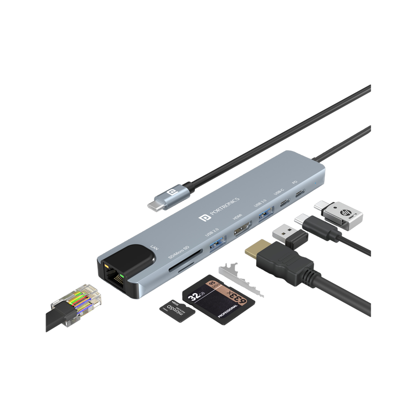 Portronics Mport 8 USB-C Hub, 8 Port, HDMI, Ethernet, USB, Card Reader, Type-C PD & Data, POR-2149 USB Hub(Grey)