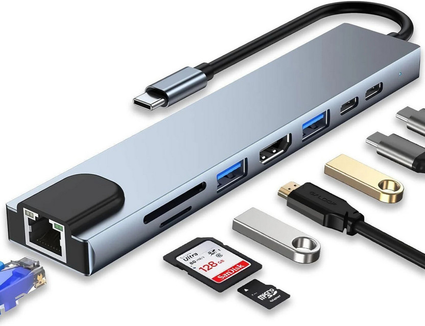 THE THE MOBILE POINT 8-in-1 USB-C Hub Dock - 4K HDMI with HDCP, 100 mbps Ethernet, Transfer Compatible with Type-C laptops, Tablets & Smartphones Laptop Accessory, USB Hub, Card Reader, USB LAN Card, HDMI Connector(Grey, Black) - Flipkart Deal