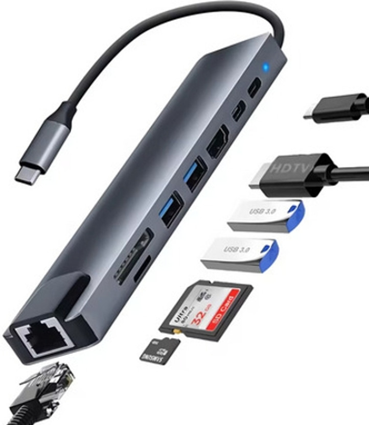 THE MOBILE POINT USB-C to HDMI 8 in 1 USB-C Hub Dock - 4K HDMI with HDCP, 100 mbps Ethernet, Transfer Compatible with Type-C laptops, Tablets & Smartphones Laptop Accessory, USB LAN Card, HDMI Connector(Grey, Black)