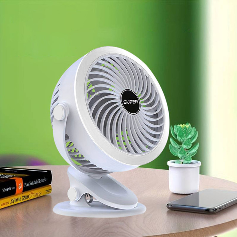 PYXBE Portable Clip on Fan(RECHARGEABLE PORTABLE USB FAN),360° Rotate Personal Mini Fan,Home,Office,3 Speed Portable Clip on Fan,7 Inch Powerful USB Table Fan Rechargeable Fan(White)