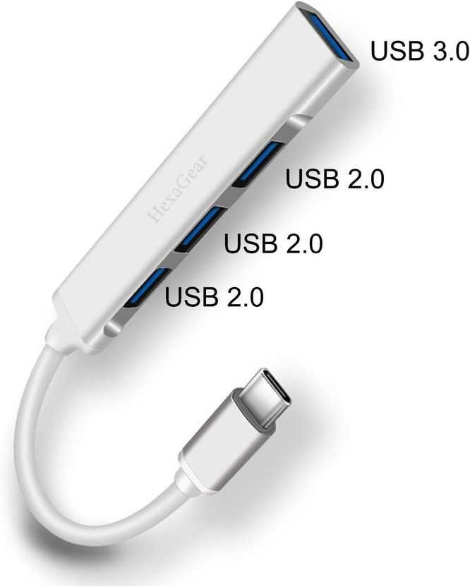 HexaGear Type C to USB Hub 4 Ports High Speed Aluminium Adapter, Computer Laptop Mobile Type C to USB Hub 4 Ports High Speed, USB Hub(Silver)