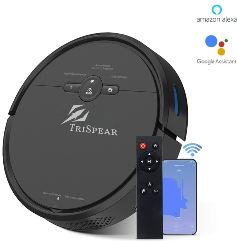TriSpear Automatic Robot Vacuum | Strong Suction, Drop-Sensing for Home Cleaning Robotic Floor Cleaner with 2 in 1 Mopping and Vacuum, Reusable Dust Bag (WiFi Connectivity, Google Assistant and Alexa)(Black)