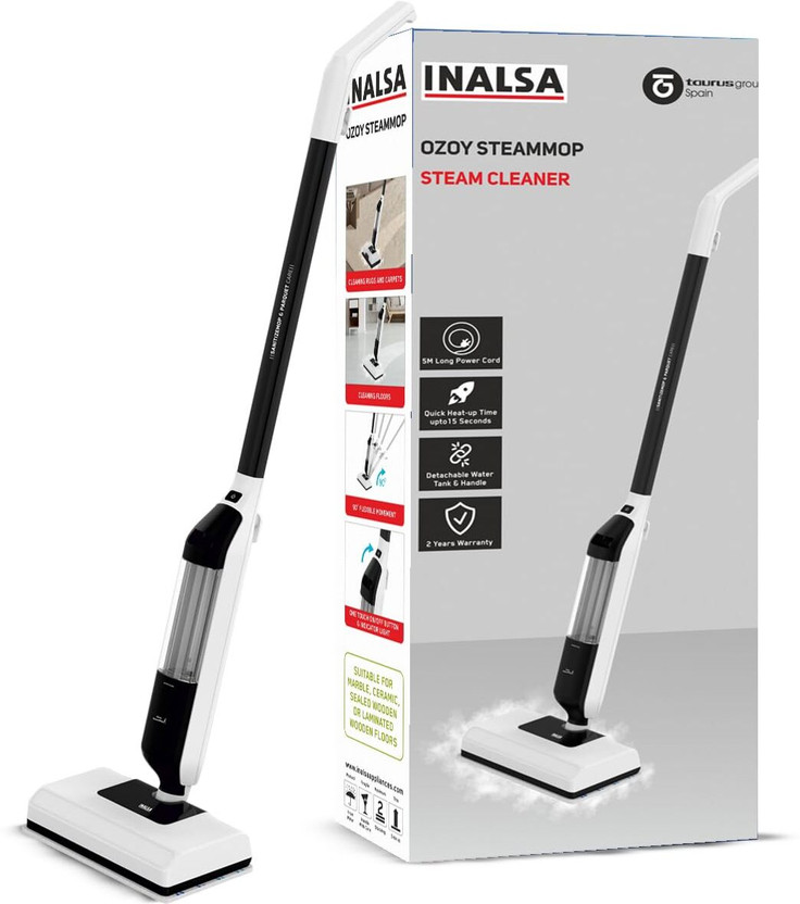 Inalsa Ozoy Steam Mop Multi Purpose Steam Cleaner|2 Mop Cloth & Carpet Slider|Rugs Hand-held Vacuum Cleaner(Pearl White / Black)