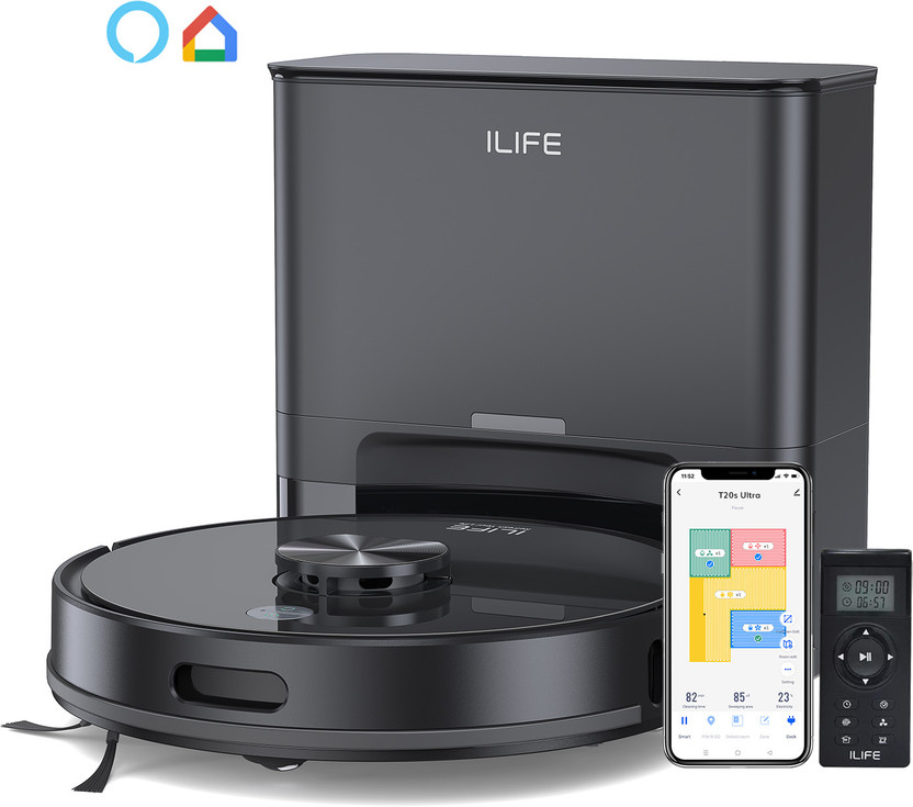 ILIFE T20s Ultra Self-emptying Robot Vacuum with LiDAR Navigation and 10000Pa Suction Robotic Floor Cleaner with Reusable Dust Bag, Anti-Bacterial Cleaning, 2 in 1 Mopping and Vacuum (WiFi Connectivity, Google Assistant and Alexa)(Black)