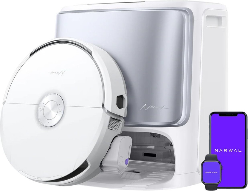 Narwal Flow Robotic Floor Cleaner with 22000Pa Powerful Suction, Real-Time Self-Cleaning, Dual AI Cameras, Obstacle Avoidance, Zero-Tangling Floating Brush, Minimum Maintenance Station (WiFi Connectivity)(White, Silver)
