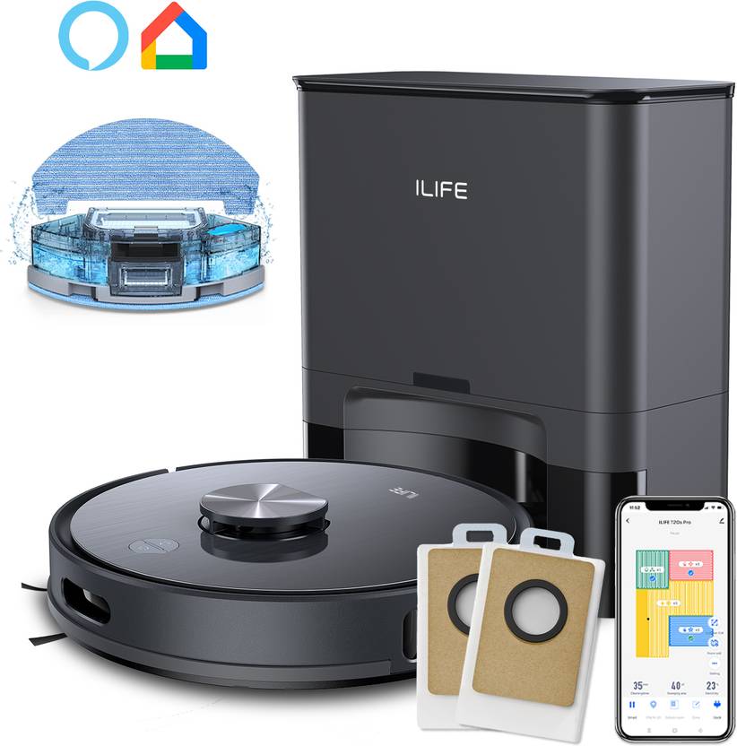 ILIFE T20s Pro Self-emptying Robot Vacuum with LDS Navigation @6500Pa Strong Suction Robotic Floor Cleaner with Reusable Dust Bag, Anti-Bacterial Clea