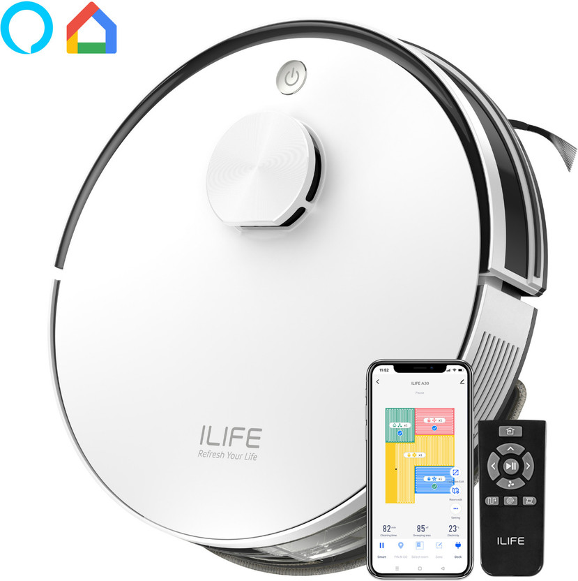ILIFE A30 Robot Vacuum with LiDAR Navigation, 13,000Pa Strong Suction & Remote Control Robotic Floor Cleaner with Reusable Dust Bag, Anti-Bacterial Cleaning, 2 in 1 Mopping and Vacuum (WiFi Connectivity, Google Assistant and Alexa)(White)
