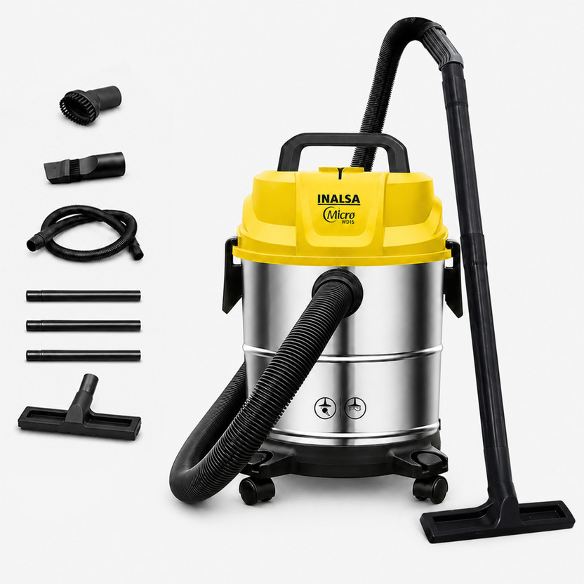Inalsa Micro WD15 Wet & Dry Vacuum Cleaner 15 LTR Capacity,1400 W, 17 kPa Suction, Blower Function,HEPA Filter, Wet Vacuum Cleaner for Sofa, House Cleaning Machine,Stainless Steel Body with 2 in 1 Mopping and Vacuum(Silver)