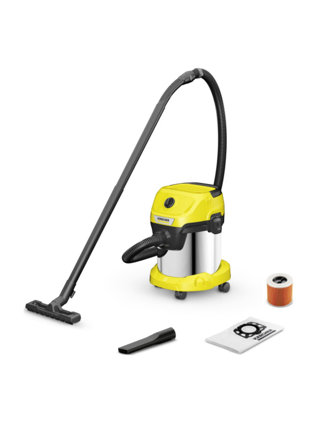 Karcher WD 3 S V-15/4/20 (YSY) *EU Wet & Dry Vacuum Cleaner 23kPa Suction, 1000W, 15L Steel Tank, Blower, Fleece Filter Bag & Cartridge Filter, German Tech(Yellow)