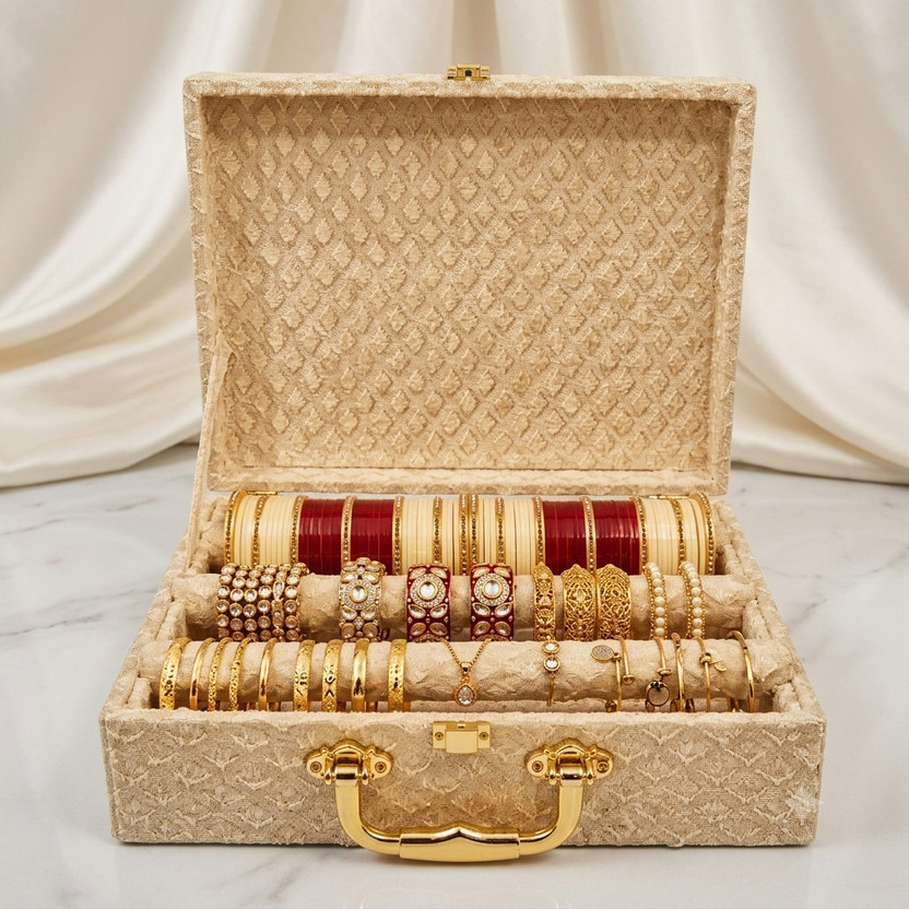 Packpro Solutions Bridal Wedding Bangle Storage Case 3 Rods Velvet Jewelry Organizer Box for Women D-Lock Vanity Box(Cream)
