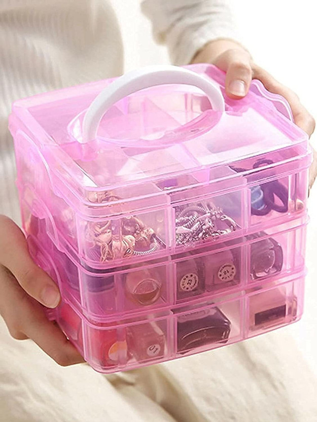 Shivaansh 3-Layer 18-Grid Adjustable Jewellery,Art & Craft Organizer Multipurpose Vanity / JEWELLERY BOX / Vanity Box(Transparent Pink)