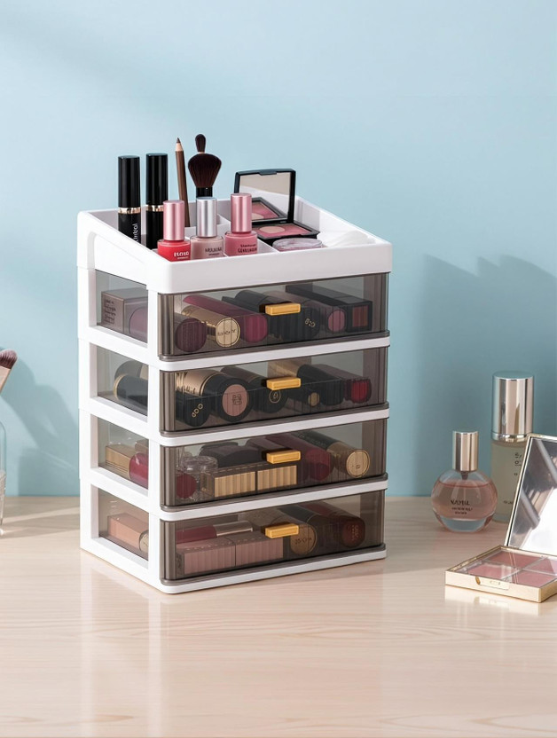 GONAZO Organizer Plastic Storage Box with Sliding Drawer for Cosmetics and Jewellery Multifunctional Vanity Box(White)