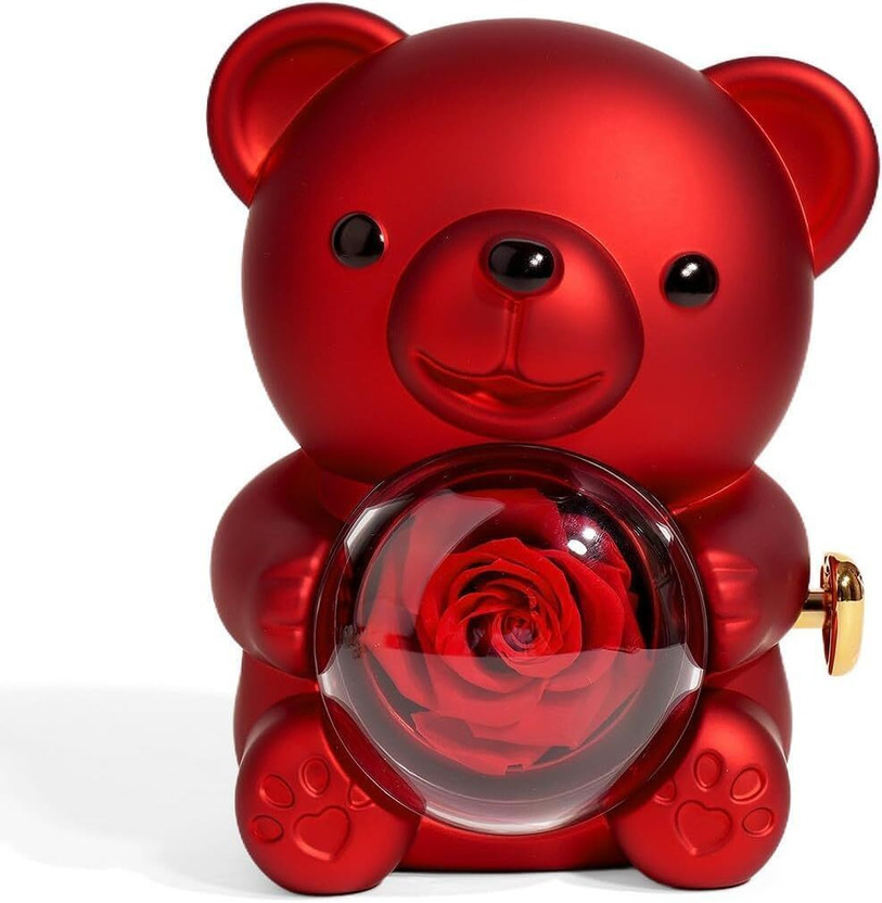 SHOPOGENIX Cute Red Teddy Bear Romantic Gift for Girlfriend with Heart Jewelry Gift Romantic Bear With Rose Vanity Box(Red)