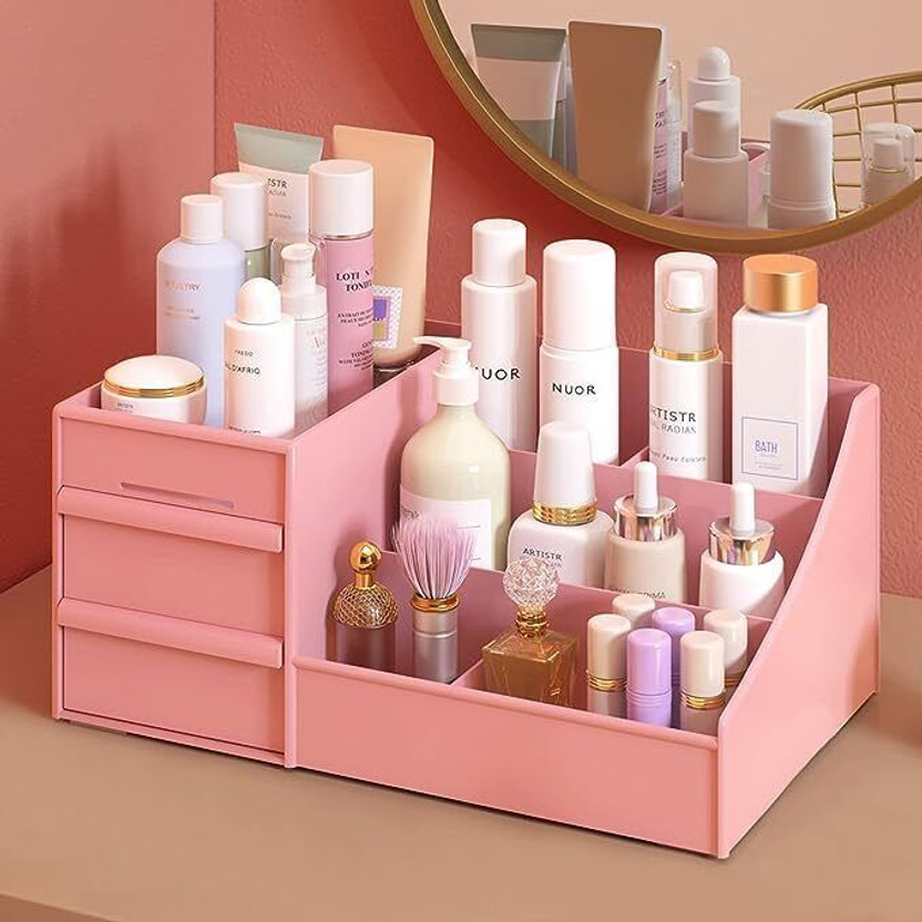 Yopava Large Capacity Cosmetic Storage Box Makeup Drawer Organizer Portable, Modern Countertop Storage for Dressing Table Vanity Box Vanity Box(Pink)