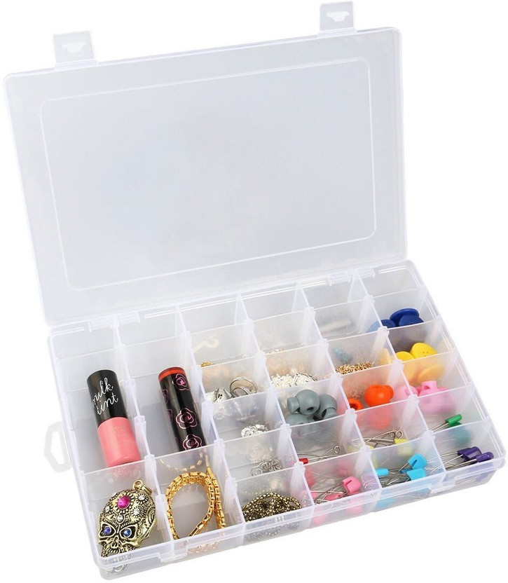goldink goldink Multipurpose Plastic Storage Box for Jewellery Case Organizer with Adjustable Dividers 36 Grid Removable Dividers (28L x 19B x 4.5H, Transparent) STORAGE BOX FOR MACKUP, JEWELLERY Vanity Box(White) - Flipkart Deal