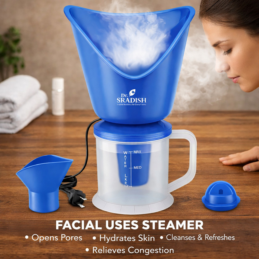 DR. SRADISH 3 in 1 Facial Steamer for Face Nano Ionic Steam Measuring Jar & Nose Attachment Vaporizer(Blue)