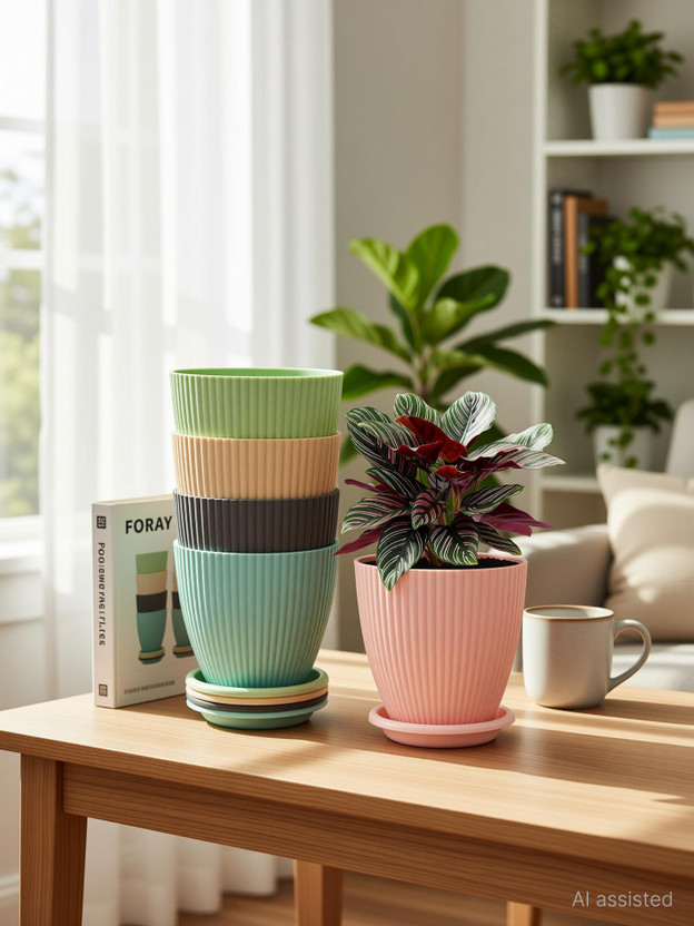COZYBUYER Round Flower Pots Suitable for Home Indoor & Outdoor Gardening Plants Plant Container Set(Pack of 5, Plastic)