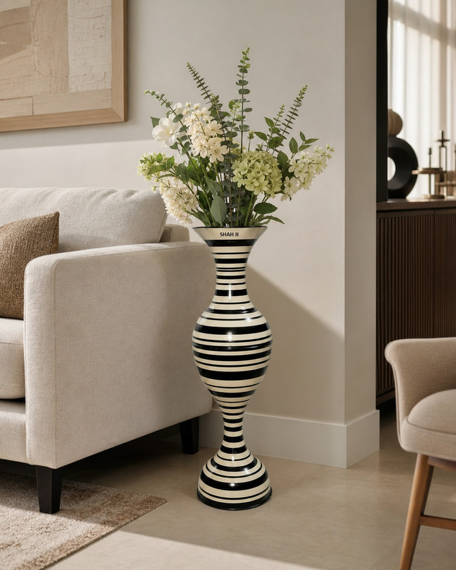 Leafy Flower Vase Big Size Long for Home Decor Corner Centerpiece Gift Item | Iron Vase(24 inch, Black, White)