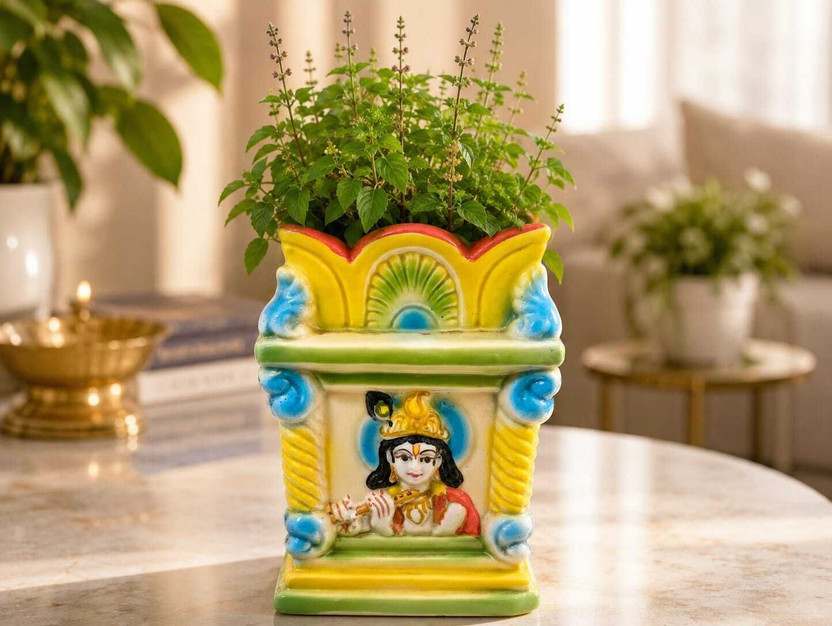 VIRMIC Tulsi Ji Ceramic Plant Pot 9.5 Inch Yellow Decorative Home Temple Planter Plant Container Set(Ceramic)