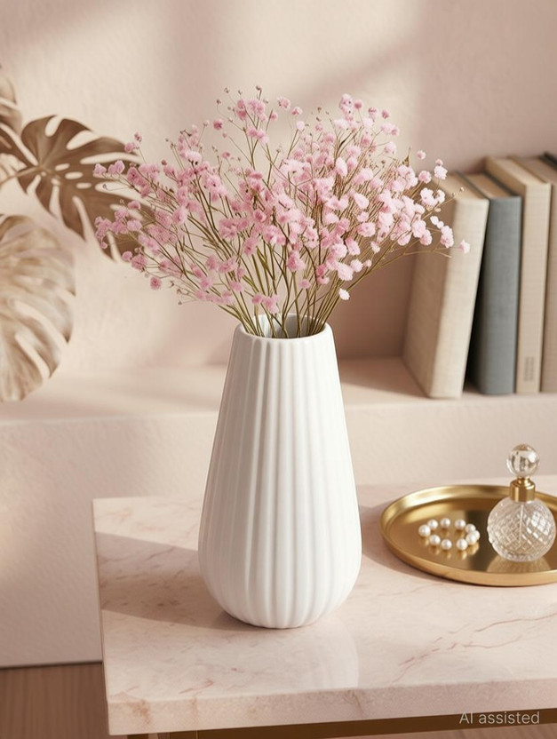nvisan Minimalist Tabletop Decorative Vases for Home & Office Decor vase Ceramic Vase(7.7 inch, White)