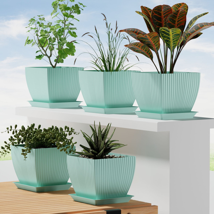 KEYNIS Set of 5 Modern Plant Pots with Drainage Holes & Trays – Durable Plastic Plastic Vase(6 inch, Blue)