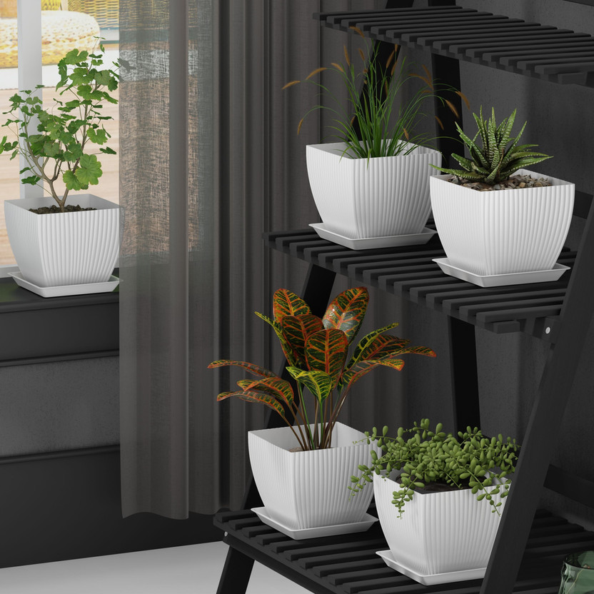 KEYNIS Indoor Outdoor Plant Pots Set of 5 | Plastic Flower Pots with Drainage & Tray Plastic Vase(7 inch, White)