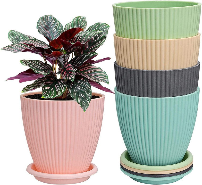 Dipzon villa 5 pcs New Design Round Flower Multi Colour Pot Plastic Vase(6 inch, Multicolor)