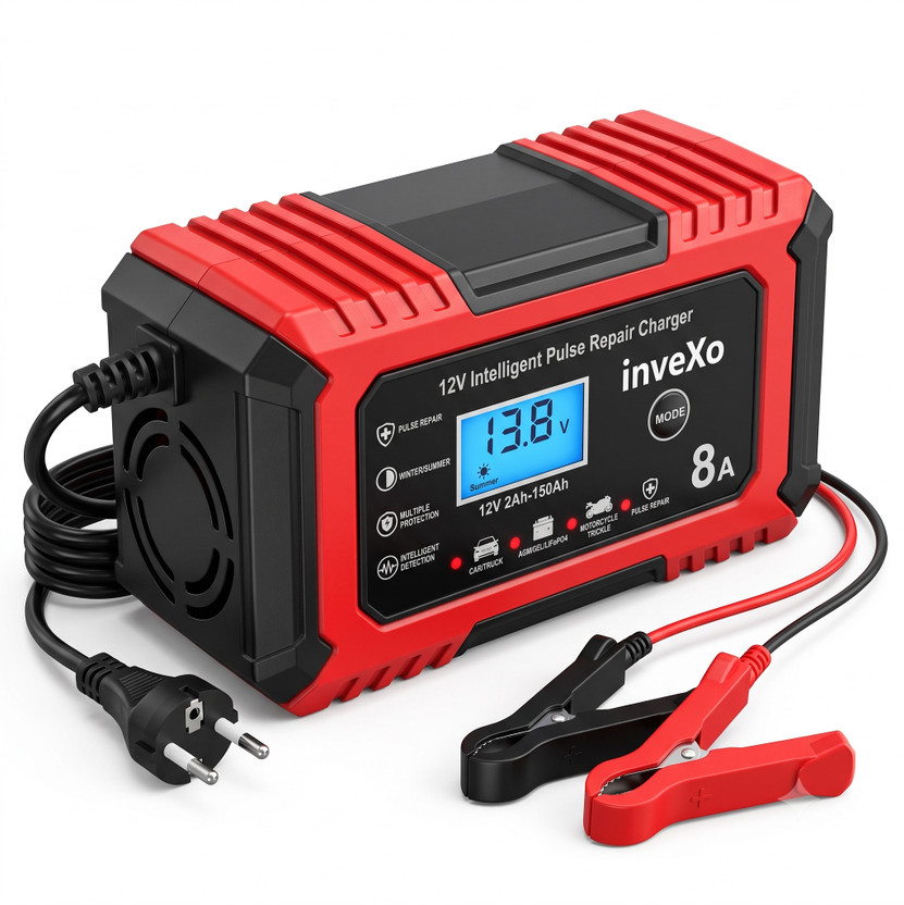 inveXo 12V 8A Automatic Smart Battery Charger | For Lead Acid, AGM, GEL, SLA Batteries 150 Ah Battery for All Vehicles