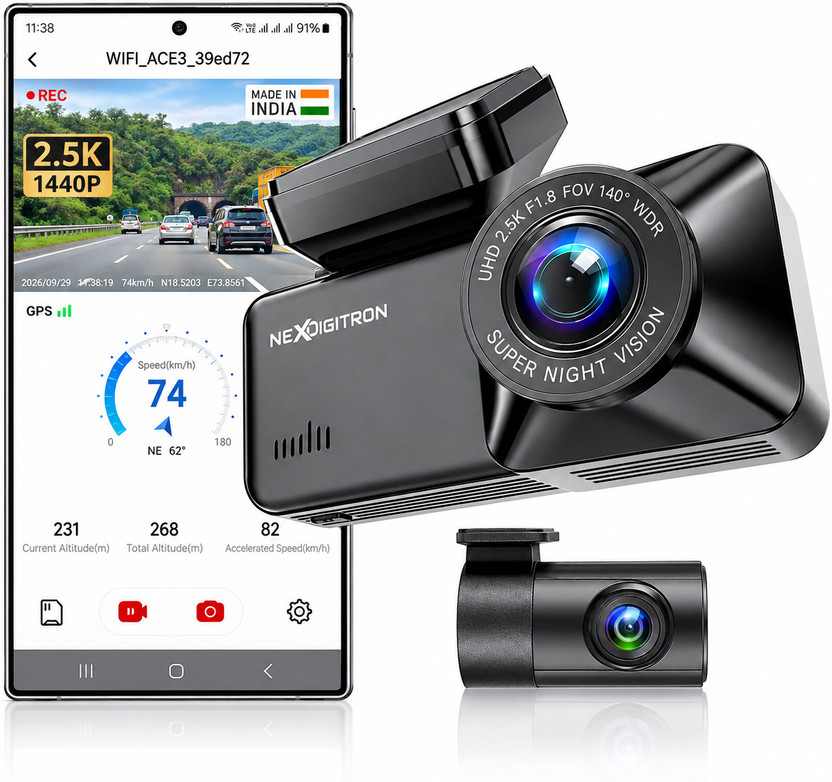 NEXDIGITRON NEXDIGITRON ACE 3 Dual Dash Cam, 2.5K Front, FHD Rear, GPS, Wi-Fi, Made in India Dashboard Camera System(2 Camera, 1440P 2K) - Flipkart Deal