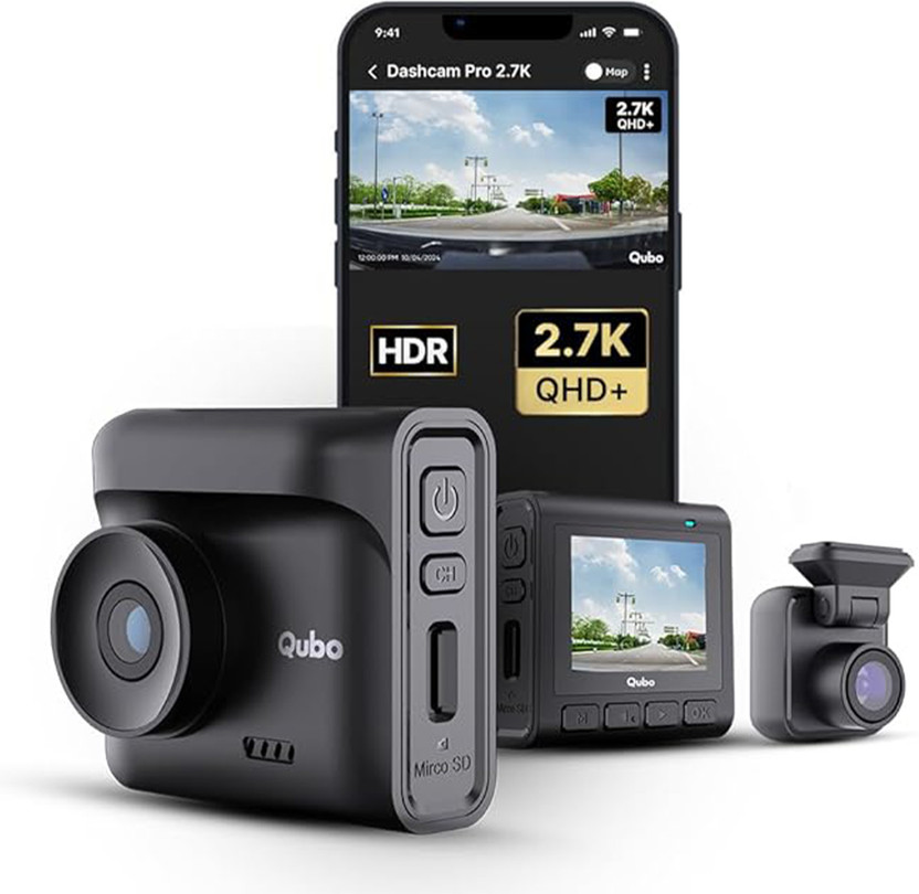 Qubo Smart Dashcam Pro 2.7K + Rear| QHD+| 5MP & 2MP| NightPulse Vision| GPS| 2LCD In-car Camera System(2 Camera, 1440p)