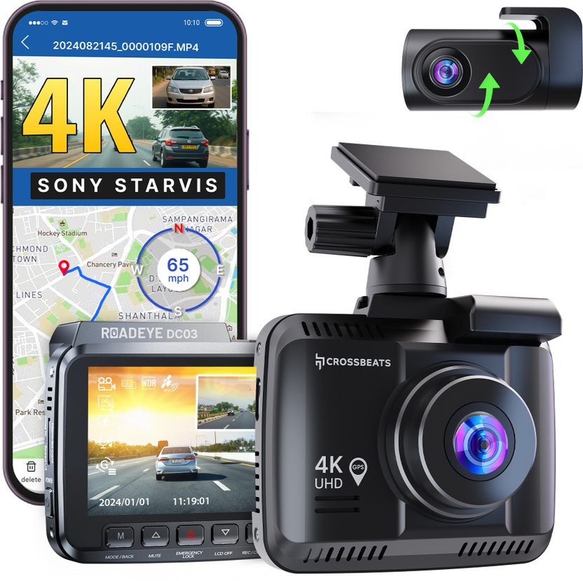 CrossBeats RoadEye DC03 4K Front and Rear Dashcam|Sony Starvis|GPS & ADAS|WDR Night Vision In-car Camera System(2 Camera, 3840 x 2160 Pixels)