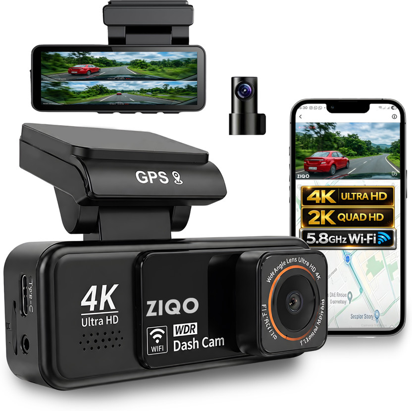 ZIQO Dual Channel Dash Cam for Car 4K Front 2K Rear with 5.8GHz WiFi Supports 512GB In-car Camera System(2 Camera, 3840 × 2160 Pixels)
