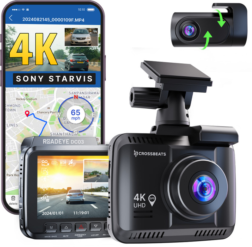 CrossBeats RoadEye DC03 4K Front and Rear Dashcam|Sony Starvis|GPS & ADAS|WDR Night Vision In-car Camera System(2 Camera, 3840 x 2160 Pixels)