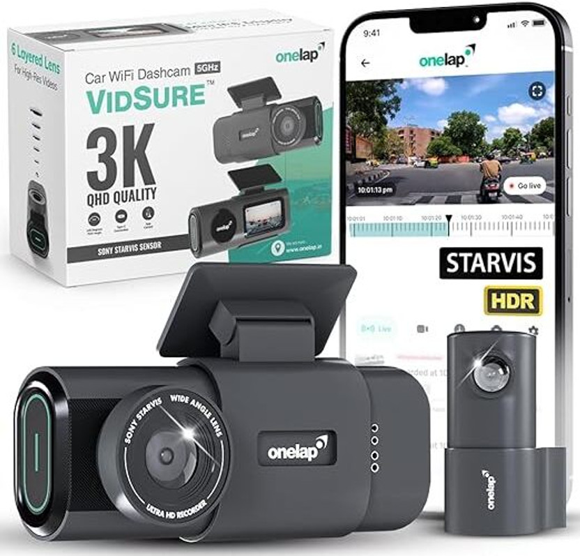 onelap Vidsure 3K Front and Rear Dashcam with Starvis IMX335 Reverse Assist Camera System(2 Camera, 3K front, 1080p rear)