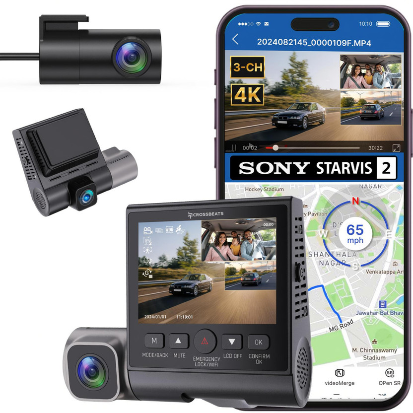 CrossBeats RoadEye DC04-Dash cam In-car Camera System(3 Camera, "Front : 4K 4K 3840*2160,30FPS, Cabin : 1920*1080P, Rear: 1920*1080P")
