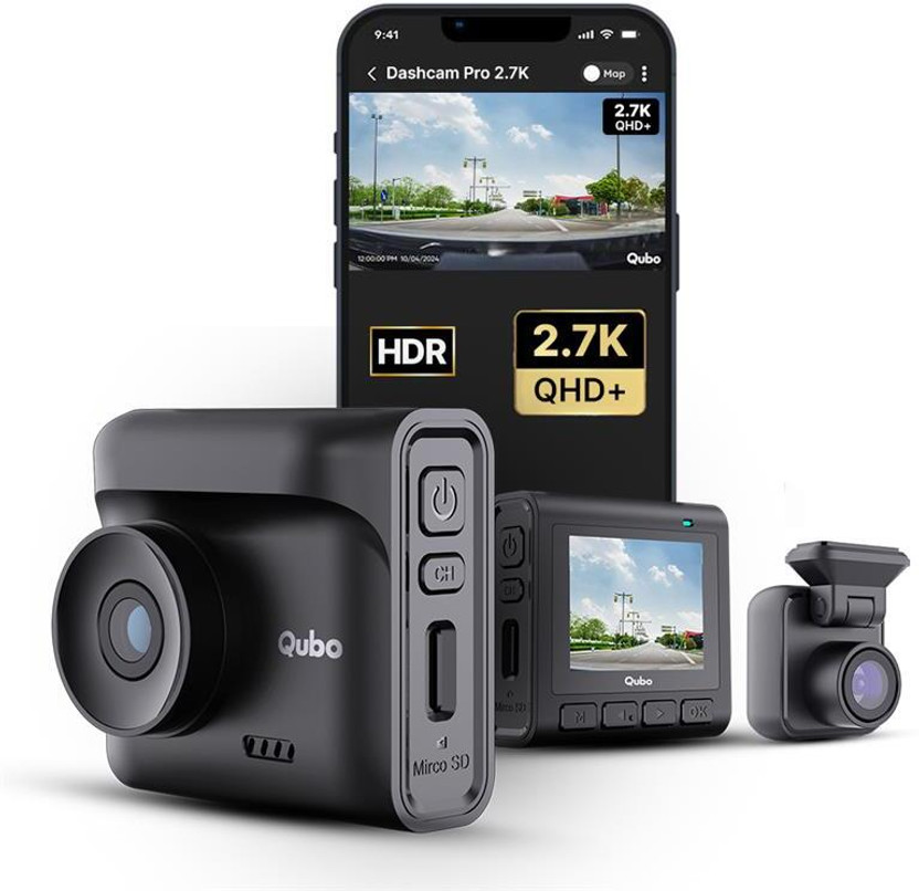 Qubo Dashcam pro 2.7K + Rear cam Dashboard Camera System(3 Camera, Front (5MP) + rear (2MP))