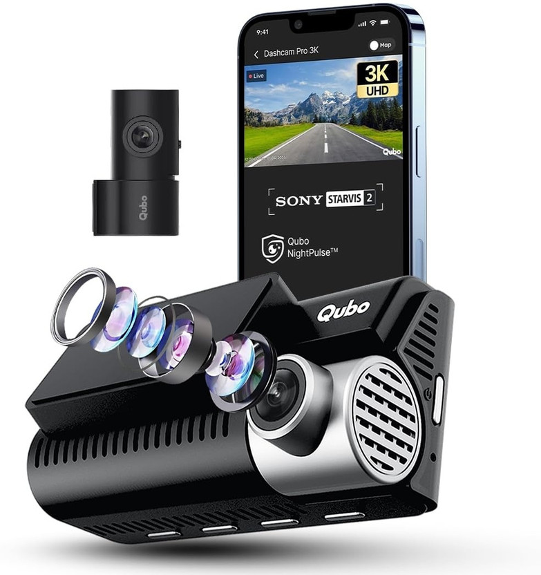Qubo Smart Dashcam Pro 3K+Rear| Sony STARVIS 2| 5MP&2MP| NightPulse Vision| 3.2LCD In-car Camera System(2 Camera, 1944p)
