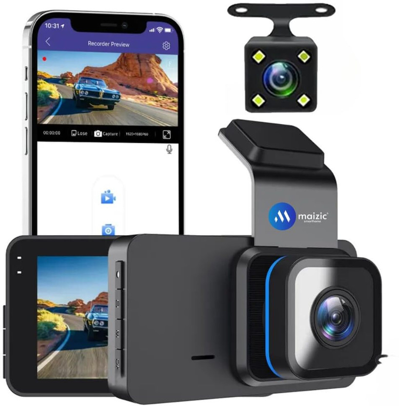 Maizic Smarthome 4K Car DashCam, 3.4" LCD, G-Sensor, Built-in Wi-Fi, G-Sensor, Wide-Angle Lens In-car, Reverse Assist Camera System(2 Camera, 1296p)