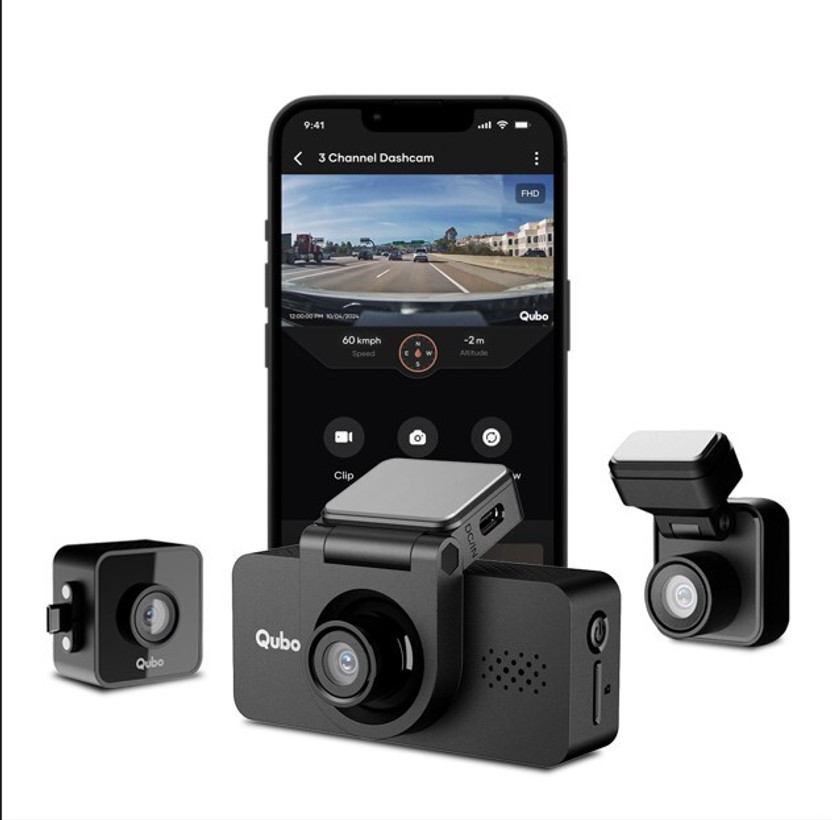Qubo 3-Channel Dashcam Dashboard Camera System(3 Camera, Front: 4MP)