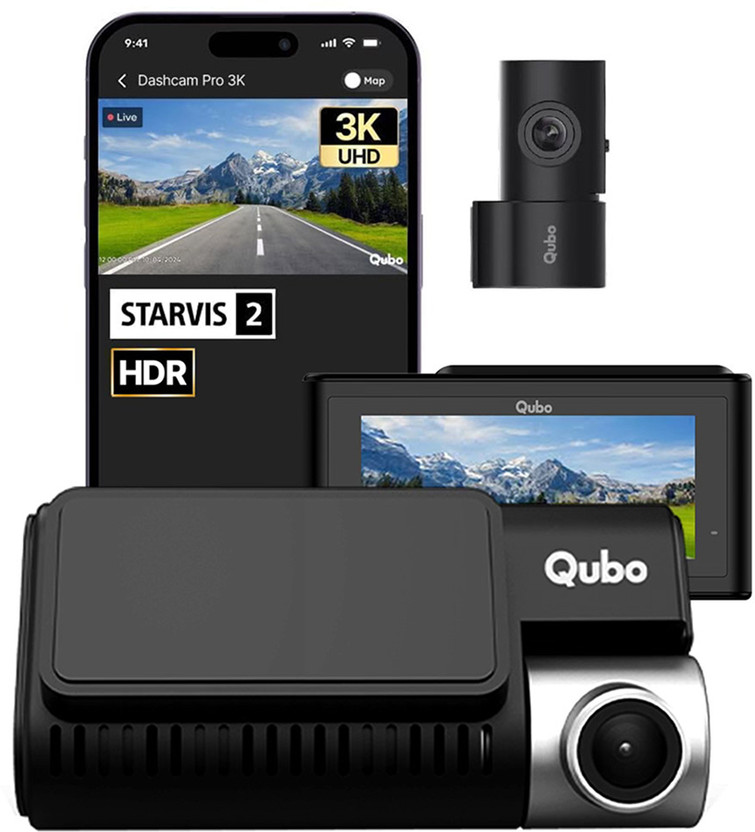 Qubo Smart Dashcam Pro 3K+Rear| Sony STARVIS 2| 5MP&2MP| NightPulse Vision| 3.2LCD In-car Camera System(2 Camera, 1944p)